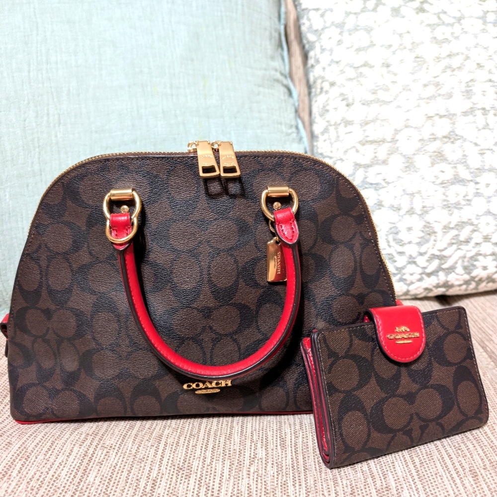 Coach Signature Brown and Red Satchel Set